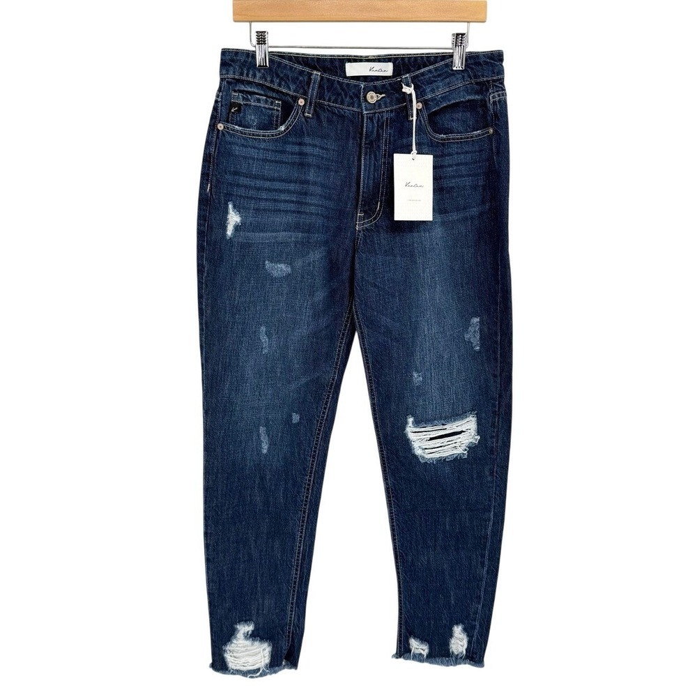 KanCan Womens 28 Jeans Distressed Dark Stone Wash High Rise Frayed Hem Denim NEW - Picture 2 of 9